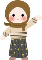 A cheerful cartoon illustration of a young muslim girl wearing a brown hijab and cream sweater with line pattern, smiling and waving isolated on transparent background
