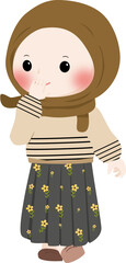 A cheerful cartoon illustration of a young muslim girl wearing a brown hijab and cream sweater with line pattern, smiling and waving isolated on transparent background
