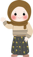 A cheerful cartoon illustration of a young muslim girl wearing a brown hijab and cream sweater with line pattern, smiling and waving isolated on transparent background
