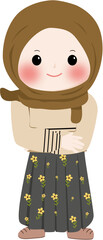A cheerful cartoon illustration of a young muslim girl wearing a brown hijab and cream sweater with line pattern, smiling and waving isolated on transparent background
