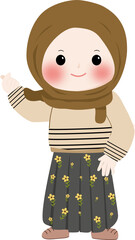 A cheerful cartoon illustration of a young muslim girl wearing a brown hijab and cream sweater with line pattern, smiling and waving isolated on transparent background
