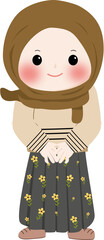 A cheerful cartoon illustration of a young muslim girl wearing a brown hijab and cream sweater with line pattern, smiling and waving isolated on transparent background
