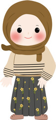A cheerful cartoon illustration of a young muslim girl wearing a brown hijab and cream sweater with line pattern, smiling and waving isolated on transparent background
