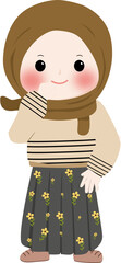A cheerful cartoon illustration of a young muslim girl wearing a brown hijab and cream sweater with line pattern, smiling and waving isolated on transparent background
