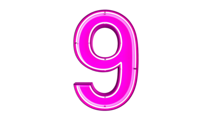 A vibrant, neon pink number nine against a stark black backdrop. The numeral has an inner white outline, giving a glowing effect