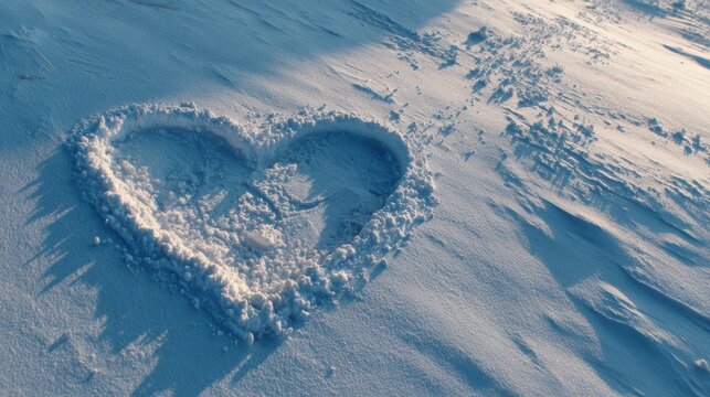 Heart shape in the snow in a snowdrift under sunlight close-up,love style,valentine,romantic time,honeymoon ski,snow,glittering,sparkling in the winter sun,copy space.
