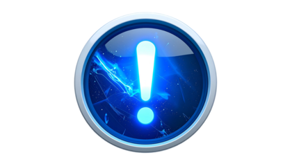 A vibrant, glowing blue exclamation point is centered within a circular, metallic-looking frame against a black backdrop. The internal background has jagged edges