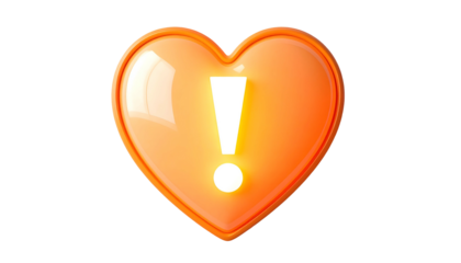 A vibrant, glossy orange heart shape with a glowing white exclamation mark in the center against a deep black background. Three-dimensional style
