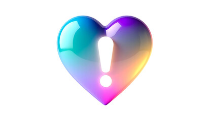 A vibrant, glossy heart shape with a gradient of colors from turquoise to magenta, housing a glowing exclamation mark