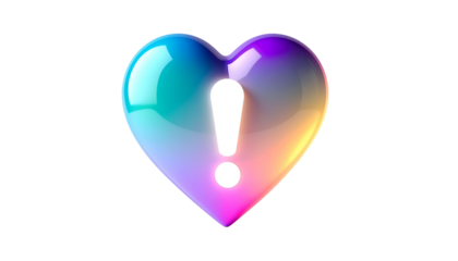 A vibrant, glossy heart shape with a gradient of colors from turquoise to magenta, housing a glowing exclamation mark