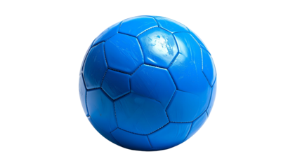 A vibrant, close-up shot of a textured, deep-blue soccer ball against a solid black background. The hexagonal panels are distinct
