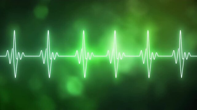 Green digital heartbeat waveform glowing on dark background, symbolizing life, health data, and modern medical technology for futuristic healthcare and wellness branding.