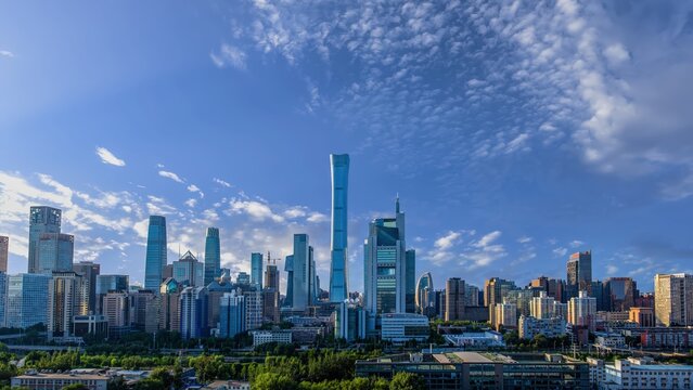 Panoramic view of Beijing Central Business District skyline with modern skyscrapers and office buildings under a clear blue sky.