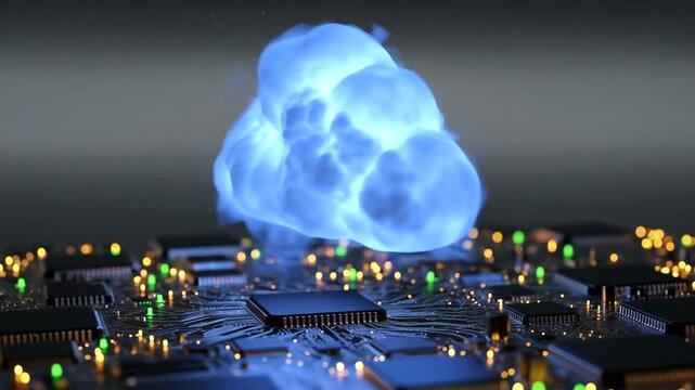 A glowing blue cloud hovering above a circuit board, symbolizing cloud computing and technology integration in modern environments