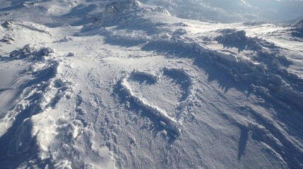 Fototapeta premium Heart shape in the snow in a snowdrift under sunlight close-up,love style,valentine,romantic time,honeymoon ski,snow,glittering,sparkling in the winter sun,copy space.