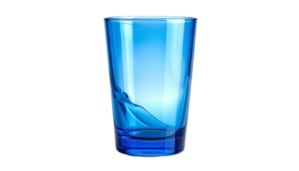 A tall glass, partially filled with clear, blue liquid, sits against a black background, with reflections and shadows