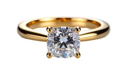 Close-up of a solitaire engagement ring. The polished gold band supports a large, square-cut diamond, sparkling brightly