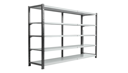 A metal storage rack with multiple shelves stands against a black background, perfect for organizing items. The shelving unit is empty