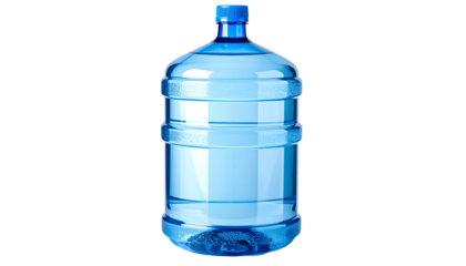A transparent, large, blue water jug, full of clear liquid, isolated against a solid black background