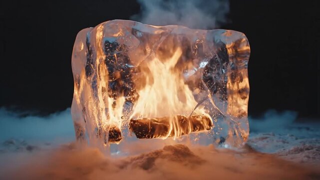Abstract Concept of Fire Burning Inside a Clear Ice Block with Wisps of Smoke and Dramatic Lighting against a Dark Background