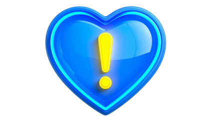 Glossy blue heart shape with a glowing light edge surrounding a central yellow exclamation point over a black background