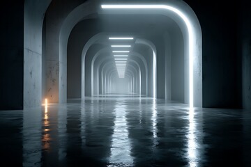 Fototapeta premium A futuristic corridor with repeating arches and glowing linear lights
