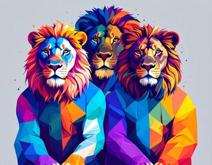 Leones antropom&oacute;rficos con est&eacute;tica pop, Ilustraci&oacute;n conceptual de leones coloridos, Personajes le&oacute;n con estilo moderno y fondos lisos