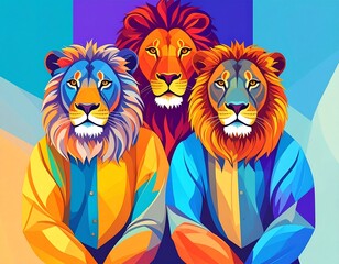 Leones antropom&oacute;rficos con est&eacute;tica pop, Ilustraci&oacute;n conceptual de leones coloridos, Personajes le&oacute;n con estilo moderno y fondos lisos