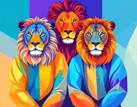 Leones antropom&oacute;rficos con est&eacute;tica pop, Ilustraci&oacute;n conceptual de leones coloridos, Personajes le&oacute;n con estilo moderno y fondos lisos