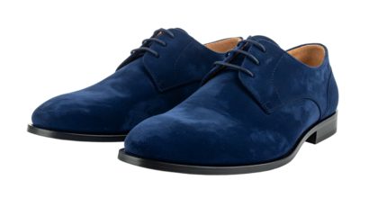 A pair of navy blue suede dress shoes, elegantly displayed against a dark background, showcasing textures and details