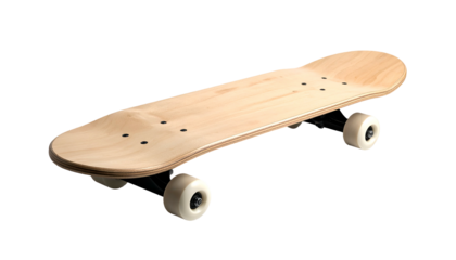 A skateboard, made of natural wood, rests at an angle against a stark black background. It displays its deck, trucks, and wheels