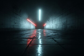 A dark corridor illuminated by bright red and white neon lights