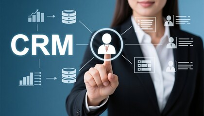 management CRM concept Businesswoman touch CRM icons on virtual screen