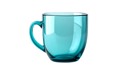 A translucent, turquoise-colored mug with a handle, set against a solid black background. The glass reflects light