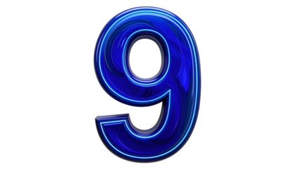 A vibrant, glossy digit "9" illuminated with a brilliant blue neon glow, set against a stark, black backdrop