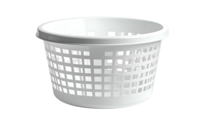 A 3D render of a simple, empty, white plastic laundry basket with a rounded rim and a grid-like pattern of rectangular holes