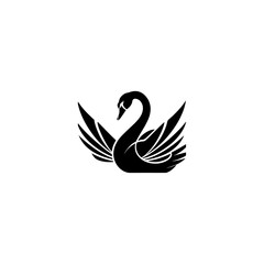 Elegant swan displays magnificent wing feathers in a stylized black silhouette over white 
