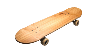 A 3D render of a wooden skateboard, slightly angled. It has four wheels and a natural wood finish against a solid black background