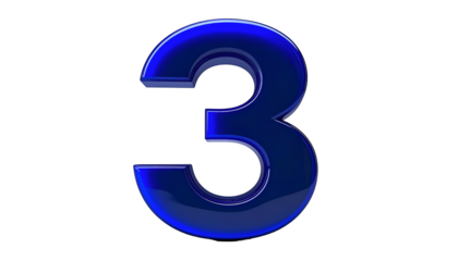 A 3D rendered number "3" in a gradient blue with a glossy finish against a black background