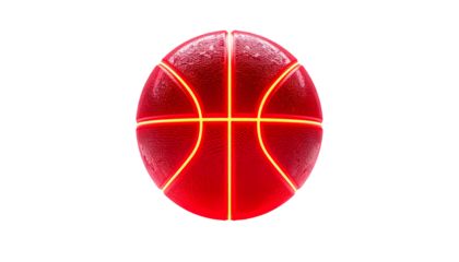 A vibrant, glowing crimson basketball with bright neon lines in a cross-pattern, set against a stark black background