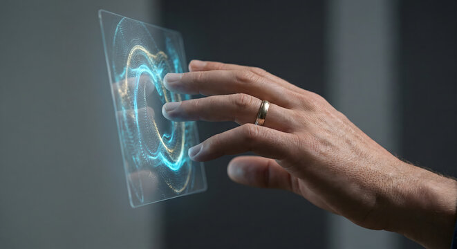 Ultra‑realistic cinematic close‑up of a human hand interacting with a transparent holographic interface - Powered by Adobe