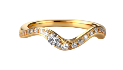 A close-up studio shot presents a gold-colored ring with small, brilliant white gemstones. Its curved design catches the light