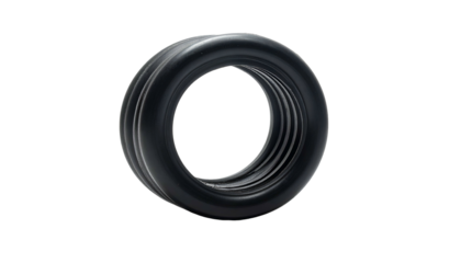 A close-up view of a black, circular rubber seal, with ridges. It?s isolated against a pitch-black background