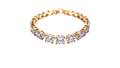 Obraz premium A close-up view presents a luxurious gold bracelet. It features a continuous line of clear, brilliant gemstones, set evenly. The piece shines against a black background