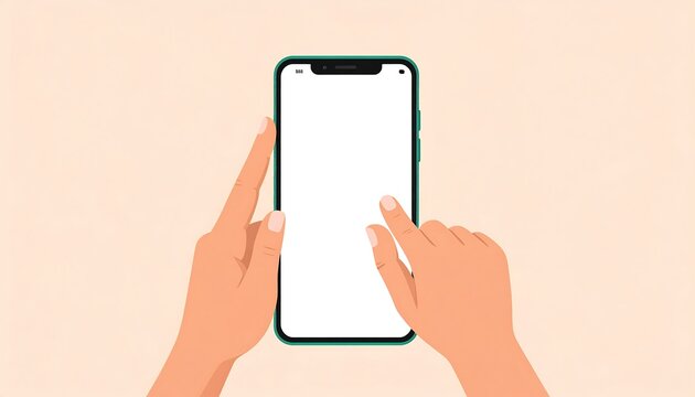 Illustration showcases a smartphone held by two hands with fingers touching the blank screen. Peach background adds a clean look