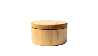 A cylindrical wooden container with a matching lid. The container has vertical grain, and the lid has a radial grain pattern