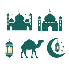 Islamic icon set for Ramadan with lantern, mosque, crescent moon, and camel