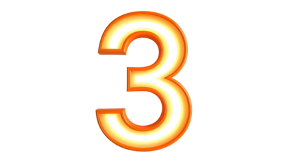 A luminous, three-dimensional number "3" with orange and white glow, rendered against a stark black background