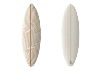 Two surfboards, one patterned and one plain, stand upright