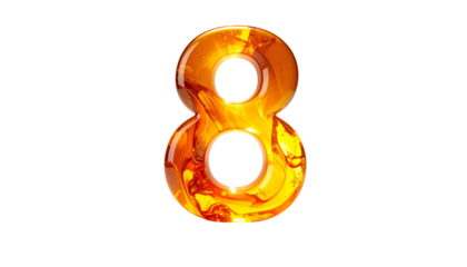 Digit "8" rendered in amber hues, featuring a glossy texture, placed on a stark black background. It appears fluid and translucent